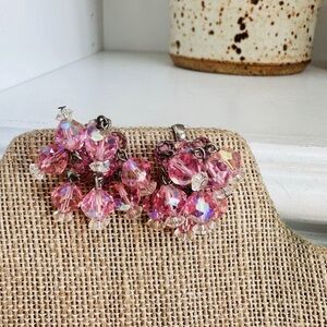 Vintage Pink Floral Cluster Earrings with Crystal Accents